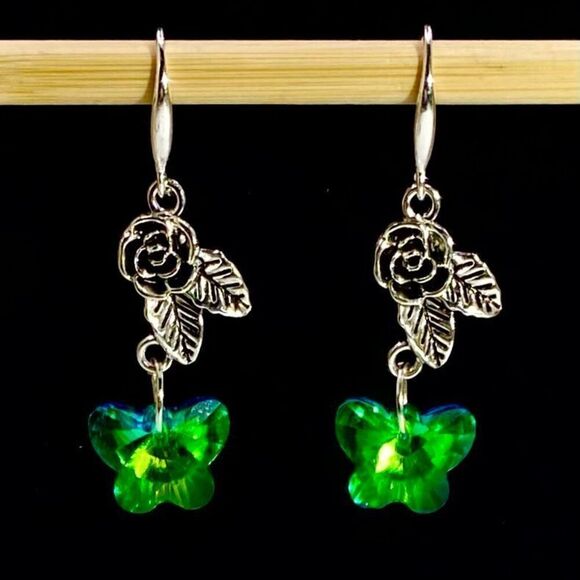 AUK Silver 925 Flower & Crystal Butterfly Dangles - Picture 4 of 10